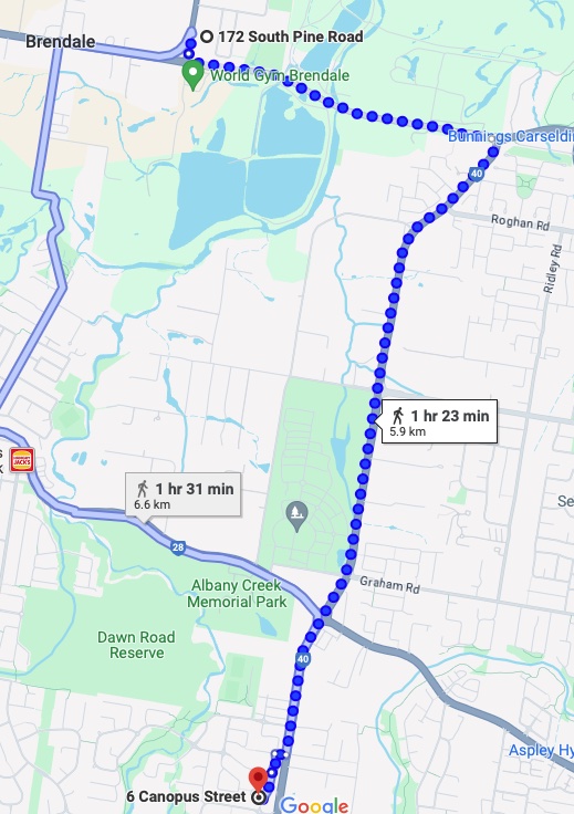map showing route from Brendale to Bridgeman Downs